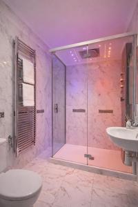a bathroom with a shower and a toilet and a sink at Garden Suite - KindStay Suites Prague Airport in Kněžívka