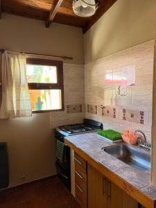 een keuken met een wastafel, een fornuis en een raam bij CABAÑAS MECHI in Mar del Plata