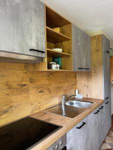 una cucina con lavello e mobili in legno di Appartement Pilzhof a Filzmoos