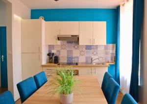 a kitchen with blue walls and a table with a plant at Le Spacieux à Saint-Omer - 2 chambres, centre et gare à pied, parking privé gratuit in Saint-Omer +17 photos