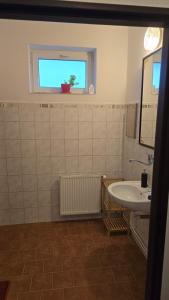 Un baño con lavabo y ventana. en Penzion Na Slunci, en Jihlava 6 fotos más
