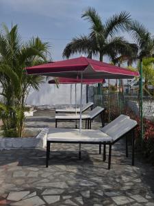 two benches and an umbrella on a patio at Shyam Resort in Khandwa
