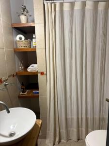 un bagno con tenda da doccia e lavandino di Casa Soul a Chascomús Altre 12 foto