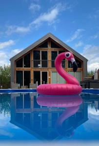 een roze opblaasbare flamingo in een zwembad bij Krasne Residence & Spa - STREFA CISZY in Krasne