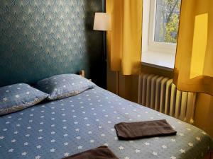 Cette chambre comprend un lit avec deux oreillers et une fenêtre. dans l'établissement Oliwka Hostel, à Varsovie