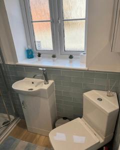 ein Badezimmer mit einem WC und einem Waschbecken sowie zwei Fenster in der Unterkunft Modern & Cozy Studio Apartment in Andover in Andover