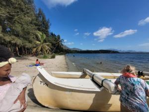 陶拉纳鲁Villa Alicia Vavindrano的一群人站在海滩上的船旁