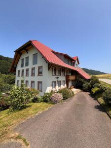 een groot huis met een rood dak op een weg bij Style Loft mit Ausblick in Elzach in Elzach