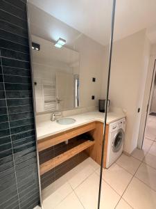 a bathroom with a sink and a washing machine at SixT Lodge in Saint-Jean-de-Sixt +7 photos
