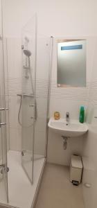 a white bathroom with a sink and a shower at Central Apartments Chemnitz KASSBERG in Chemnitz