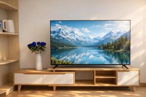 een televisie op een standaard met een meer en bergen bij B612 Residence in Kunming