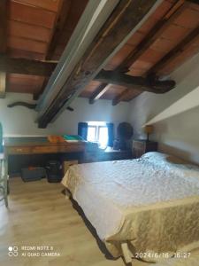 a bedroom with a bed in a room with wooden ceilings at Ampia stanza nelle campagne parmensi in Pratoretto
