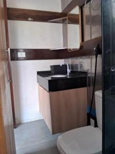 a small bathroom with a sink and a toilet at Recanto da onça in Matinhos
