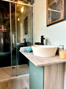 ein Badezimmer mit Waschbecken und Glasdusche in der Unterkunft Optimus Mechernich in Niederdorla