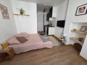 a bedroom with a bed and a tv in it at Studio Bezine, Charmant petit studio centre ville in Angoulême