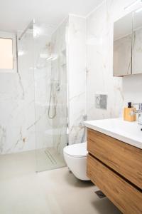 a bathroom with a shower and a toilet and a sink at Renas Guesthouse in Sitia +29 photos