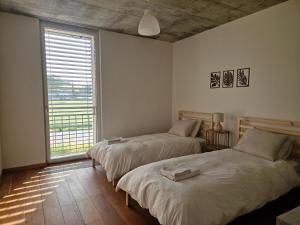 een slaapkamer met twee bedden en een groot raam bij Wonderful cozy apartment very well located in Gross Gurmels +109 foto's