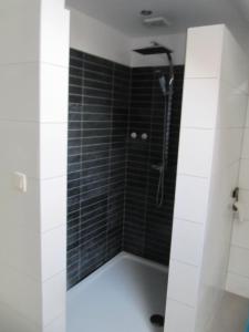 uma casa de banho com um chuveiro com azulejos pretos em B&B Bodegem em Dilbeek