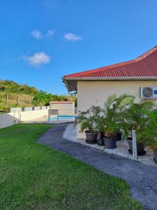a house with palm trees in front of a yard at Le Paradis bleu in Sainte-Anne