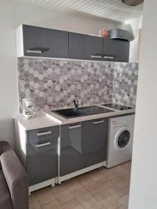 a kitchen with a sink and a washing machine at Le Paradis bleu in Sainte-Anne