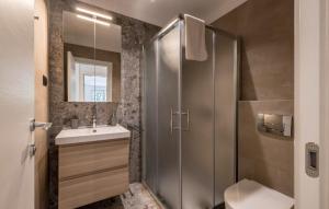 a bathroom with a shower and a toilet and a sink at Cozy Apartment In Potomje With Lake View in Potomje