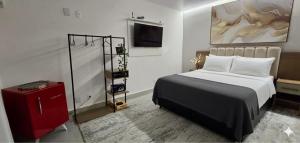 a bedroom with a bed and a television in it at Chalé Valen in Rio de Janeiro