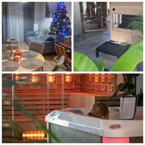 een collage van foto's van een woonkamer met een kerstboom bij Słoneczna Dolina SPA Belle View in Szklarska Poręba
