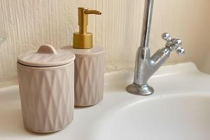 a bathroom sink with a faucet and a trash can at Classe A in Viçosa