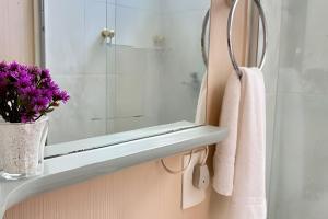 a bathroom with a mirror and a pink towel at Classe A in Viçosa