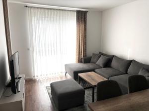 ein Wohnzimmer mit Sofa und Tisch in der Unterkunft Apartment Viewpoint in Posušje