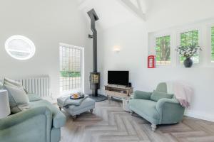 ein Wohnzimmer mit 2 blauen Stühlen und einem TV in der Unterkunft 2 Bed in Kemble oc-t32197 in Kemble