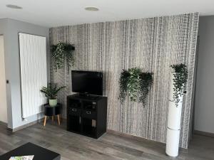 a living room with a tv and plants on a wall at Le refuge de Villeroux in Vaux-sur-Sûre
