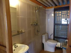 Hiranya Guest House في باتان: حمام مع مرحاض ومغسلة ودش