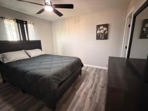 a bedroom with a bed and a ceiling fan at Executive Comfort Suite in Weslaco