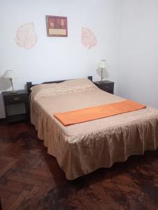 een slaapkamer met een bed met twee nachtkastjes en twee lampen bij Alpino in Mar del Plata