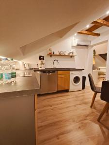 een keuken met een spoelbak en een wasmachine bij Stilvolles Apartment im Loft-Style & Klimaanlage in Plaidt