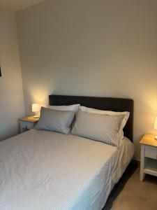 une chambre avec un lit avec deux tables et deux lampes dans l'établissement Villa Pieri appartamento rosso, à Fauglia