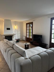 a living room with a couch and a tv at La Maison Douce in Châtillon-sur-Seine