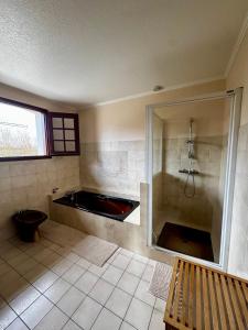 een badkamer met een bad en een douche met een bank bij La Maison Douce in Châtillon-sur-Seine