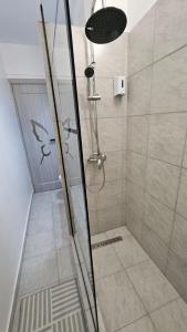 een douche met een glazen deur in een badkamer bij T&M home in Boekarest +10 foto's