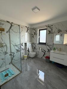 een badkamer met een douche, een toilet en een wastafel bij California Home in Odoreu +4 foto's