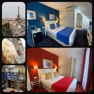 een collage van vier foto's van een hotelkamer bij Austin's Saint Lazare Hotel in Parijs