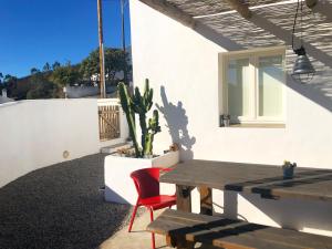 un patio con un tavolo di legno e un cactus di Casa Poente - Casas de Seixe a São Teotónio