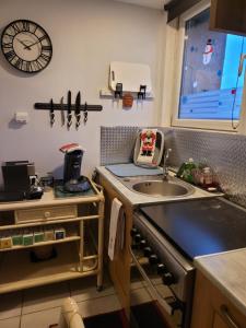 eine Küche mit Spüle und einer Uhr an der Wand in der Unterkunft À la campagne, studio 25m2-pour 2 au calme, wifi, jardin, parking in Yèvres