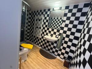 een badkamer met zwart-wit geruite muur bij Studio apartment - Park view in Thun +11 foto's