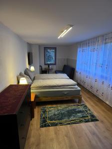 een slaapkamer met een bed en een bank bij Studio apartment - Park view in Thun