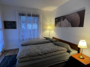 een slaapkamer met een bed met twee lampen en een raam bij Apartment Pottery - Park view in Thun