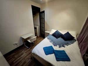 een slaapkamer met een bed met blauwe kussens erop bij Stratford Guest House in Londen