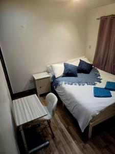 een kleine slaapkamer met een bed en een stoel bij Stratford Guest House in Londen