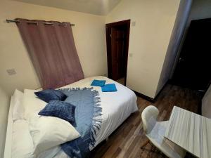 een slaapkamer met een bed met blauwe kussens erop bij Stratford Guest House in Londen